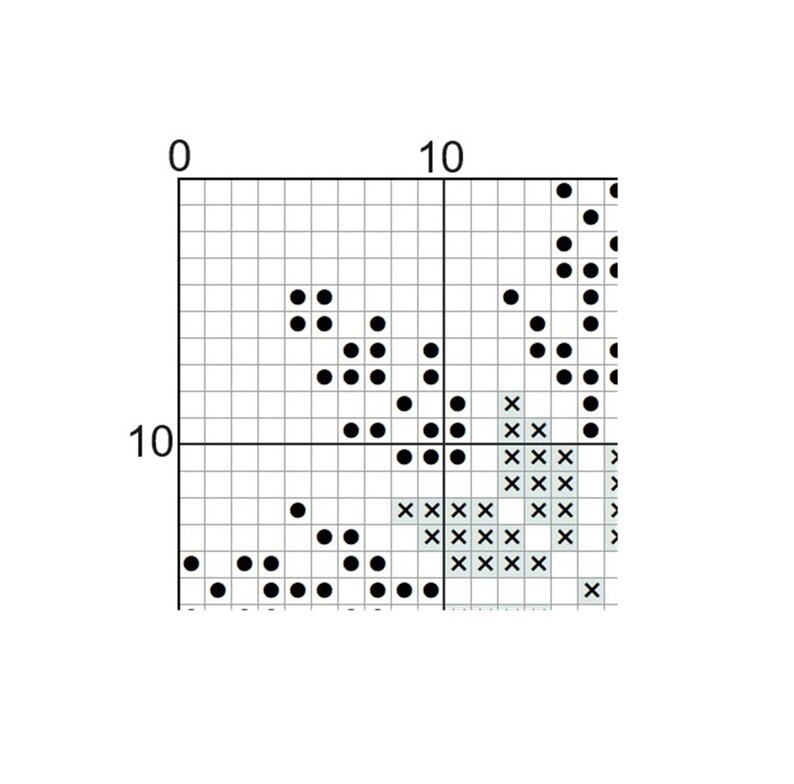 May include: Black and white cross stitch pattern with a design of a bird in flight. The pattern is on a white background with black and white stitches.