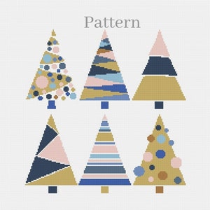 Peut inclure: Six motifs de sapins de Noël abstraits en point de croix. Les arbres présentent des formes et des motifs géométriques en or, marine, rose et bleu. Le mot "Pattern" est imprimé en gris en haut.