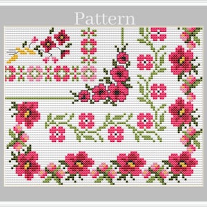 Poppy cross stitch border pattern, Floral cross stitch frame