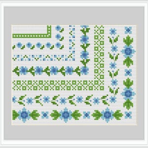 Motif de bordure au point de croix avec cadres et coins bleus et verts