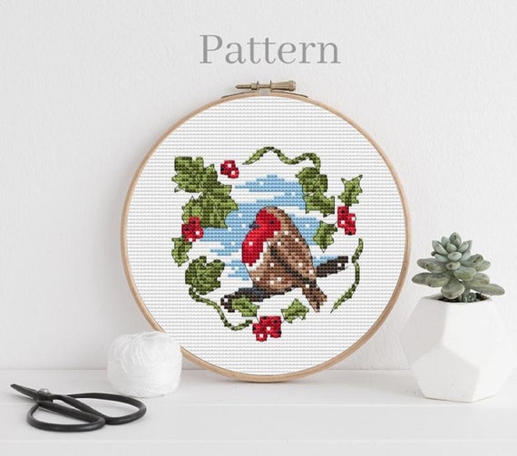 KIT OR CHART - Cross stitch Christmas Cards and Ornaments - 3 modern cute,  easy robin designs, fun xmas craft cross stitch patterns