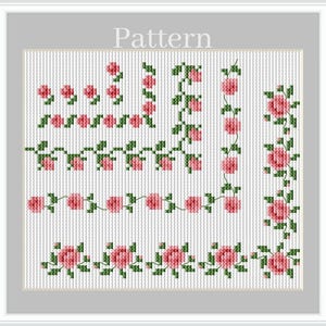 Kruissteekpatroon bloemenrand met rozenlijsten en hoeken