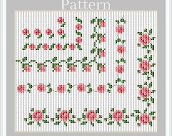 Flower border cross stitch pattern with rose frames and corners