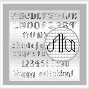 Backstitch alphabet chart cross stitch pattern, Cross stitch font with letters and numbers