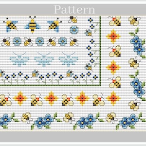 May include: Cross stitch pattern featuring a variety of bees and flowers. The pattern includes bees in different positions, flowers in various colours, and a green border.