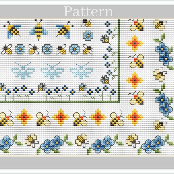 Bee cross stitch borders, Floral borders, Cross stitch frames, Blue flowers cross stitch pattern
