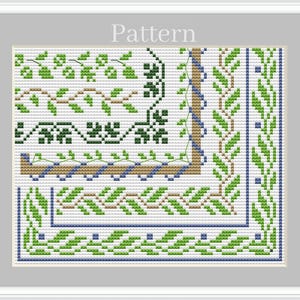 Cross stitch border pattern with leaf frames and corners