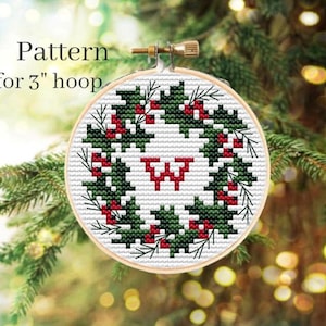 Initial ornament cross stitch pattern with alphabet chart, Cross stitch letters and numbers for monogram ornament