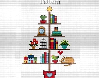 May include: Cross-stitch pattern in the shape of a Christmas tree, featuring shelves with books, plants, a clock, a birdcage, and a cat. The text "Pattern" is at the top. The tree is decorated with a star.