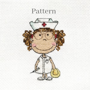 May include: Cross-stitch pattern of a cartoon nurse with a red cross on her hat, brown hair, glasses, and a white uniform. The pattern includes the word "Pattern" at the top.