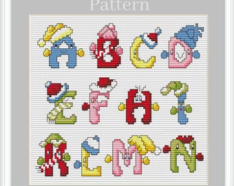 May include: Cross-stitch pattern featuring the word "Pattern" at the top. The design showcases the alphabet, each letter adorned with a whimsical hat and colorful details. The letters are in various colors, including blue, red, yellow, and green.