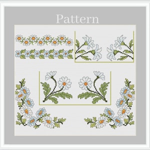 May include: A cross stitch pattern featuring a white daisy flower design. The pattern includes four different designs: a border, a corner, and two different floral arrangements. The pattern is labeled "Pattern".