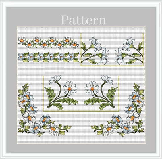 Daisy Cross Stitch Border Pattern With Floral Frames and Corners