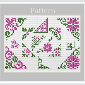 Cross stitch corner for floral border and frame with purple and green flowers