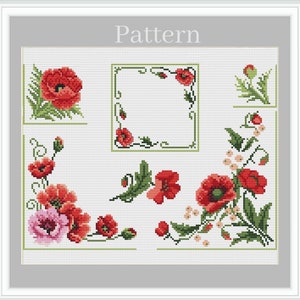 May include: Cross stitch pattern featuring a floral design with red poppies and green leaves. The pattern is divided into sections, with a frame in the centre and individual flower motifs around it. The text "Pattern" is at the top of the image.