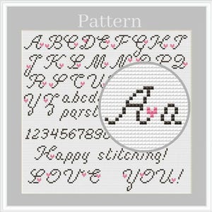 Cursive alphabet cross stitch pattern with letters and numbers for digital small heart font