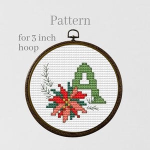 Poinsettia cross stitch ornament pattern with ABC chart Christmas monogram letters for 3 inch hoop ornament Initial ornament