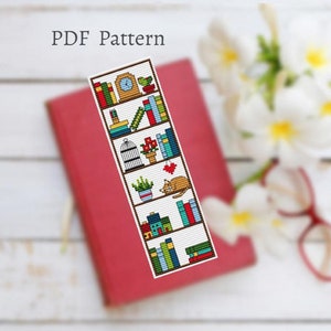 Bookshelf bookmark cross stitch pattern, Bookish bookmark tracker for small cross stitch project