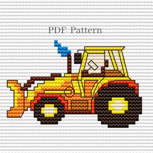 May include: A yellow and orange tractor with a black plow and a blue smoke stack. The tractor has a black tire on the right side and a black tire on the left side. The tractor is on a white background.