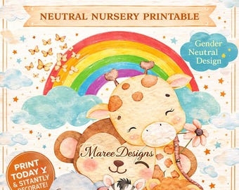 Safari Baby Animals Rainbow Nursery Wall Art (Digital Download)