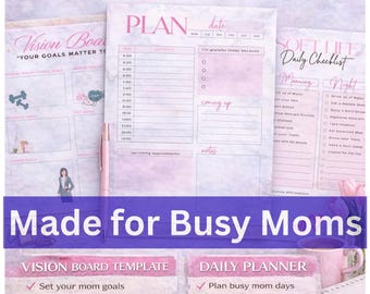 Digital Mom Planner Bundle | Daily, Vision Board, Self-Care Worksheets (Digital Download)
