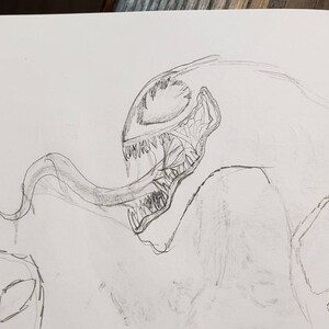 May include: A black and white pencil drawing of a monstrous creature with a large mouth and sharp teeth. The creature's tongue is extended and curled. The drawing is on a white background.