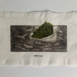 May include: A black and white print of a turtle duck on a textured paper background. The image is titled "turtle duck".