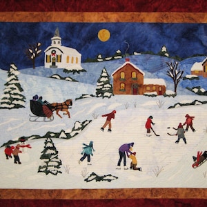 May include: A winter scene with a white church, houses, and people ice skating and playing hockey on a frozen lake. The sky is blue with a full moon and stars. There is a horse-drawn sleigh in the foreground.