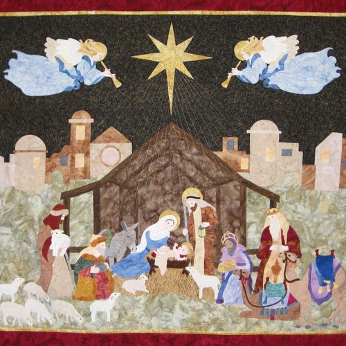 Nativity Wall Quilt Pattern with Hand-Drawn Faces (49.5" x 55.5")