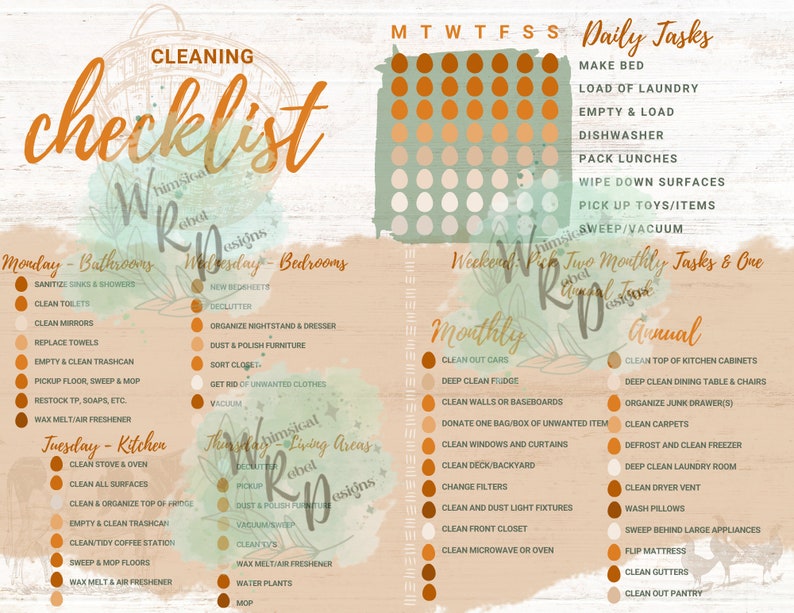 Printable Home Cleaning Schedule, Editable Cleaning Checklist, Daily