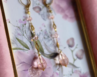 Love Drops Pink & Gold Feminine Dangly Beaded Earrings