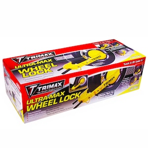 May include: A red and yellow TRIMAX ULTRA-MAX WHEEL LOCK box. The box features images of the wheel lock in use and text that reads "The World's Toughest Locks." The wheel lock is yellow and black.