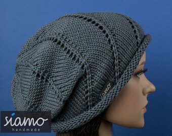 Beanie ROM II blau-grau Baumwolle Damen-Mütze Sommer-Mütze Strickmütze Übergangsmütze by siamo-handmade