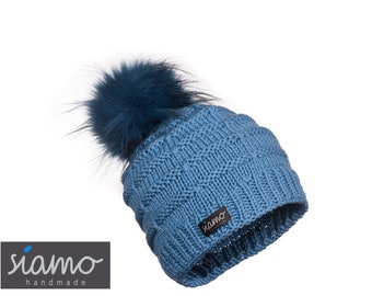 Mütze OBERHOF himmel-blau Merino Unisex Fellbommel-Mütze Strickmütze Beanie Pudelmütze Damen-Mütze Herren-Mütze Wollmütze by siamo-handmade