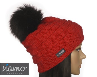 Mütze LAHTI rot Merino Unisex Damen-Mütze Herren-Mütze Beanie Pudelmütze Bommelmütze Wintermütze Haube by siamo-handmade