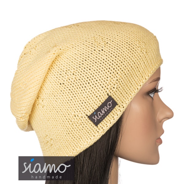 Sommer-Mütze COMO zitronen-gelb Baumwolle-Viskose Longbeanie Sommer-Beanie Übergangsmütze Damen-Mütze by siamo-handmade