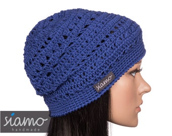 Sommer-Mütze VERONA blau Baumwolle Sommer-Beanie Damen-Mütze Herren-Mütze Häkelmütze Kopf-Schmuck by siamo-handmade