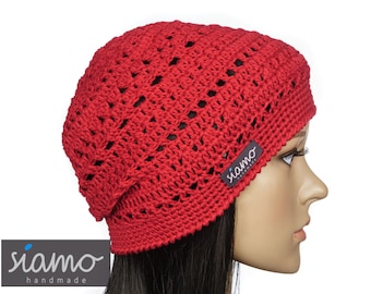 Sommer-Mütze VERONA rot Baumwolle Sommer-Beanie Häkelmütze Damen-Mütze by siamo-handmade