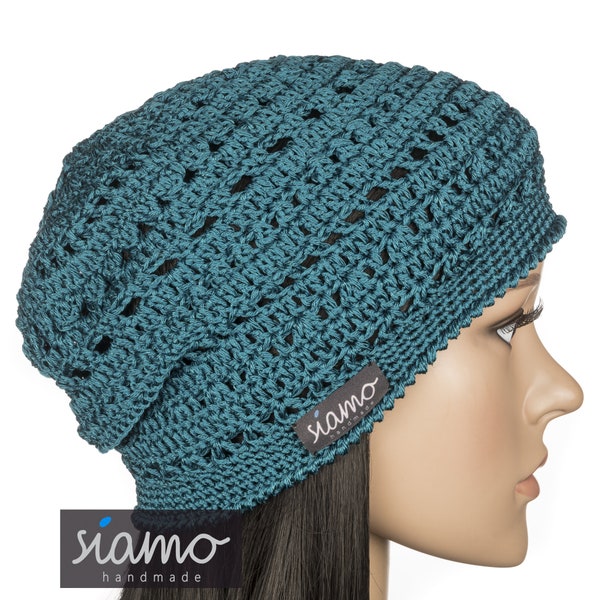 Sommer-Mütze VERONA II smaragd-grün Baumwolle-Viskose Sommer-Beanie Häkelmütze Damen-Mütze Herren-Mütze by siamo-handmade