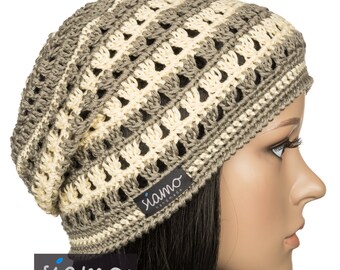 Bonnet crocheté SORRENT II – Bonnet bohème en coton/polyacrylique kaki vanille, léger et respirant, 56–58 cm par siamo-handmade