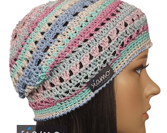 Chapeau d'été TRIEST en coton et viscose, style bohème, pour femme ou fille. Bonnet d'été au crochet, par siamo-handmade.