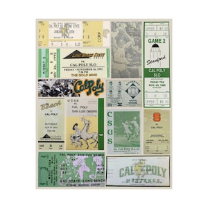 May include: A collage of vintage event tickets, primarily featuring Cal Poly sports games. The tickets vary in size and color, with dates ranging from 1970 to 2006. Text includes team names, dates, and game details. The overall theme is sports memorabilia.