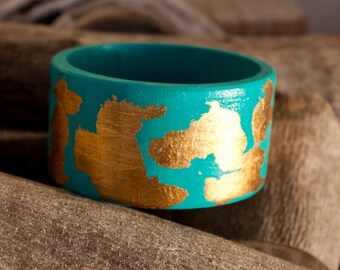 turquoise wooden bangle handpainted, unique hand painted wooden teal jewelry, teal with gold leaf bohemian style bangle