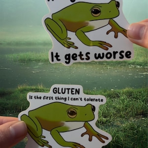 3 inch frog memes sticker | Gluten is the first thing I can’t tolerate, you’re the second | Hang in there it gets worse