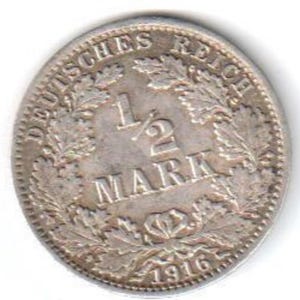 1916 Germany Half Mark Coin - .900 Silver - Berlin Mint
