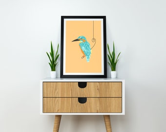 Geometric colorful patterned exotic bird art print, drawing, illustration, painting