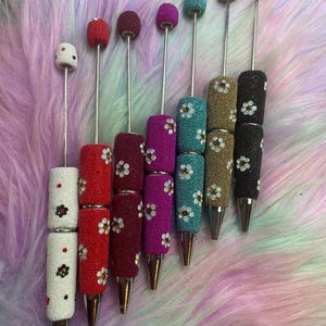 Colored Caviar Microbeads and Flower Rhinestone Covered Beadable DIY Pens - Your Color Choice