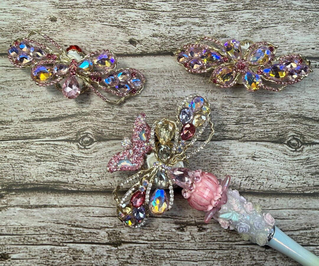 Pink Rhinestone Bow Large Gold Tone Pink AB Rhinestone Bow and Flower Extra Sparkly Fancy ...