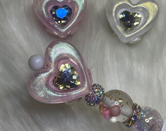 Glitter Pink and White Hearts with Large Heart Shaped Rhinestone Fancy Beads