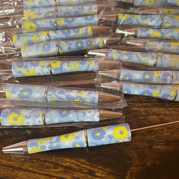 Plastic Beadable Blue and Yellow Daisy Print Pens, Printed Beadable Pens,  DIY Plastic Blank Beadable, Beadable pens
